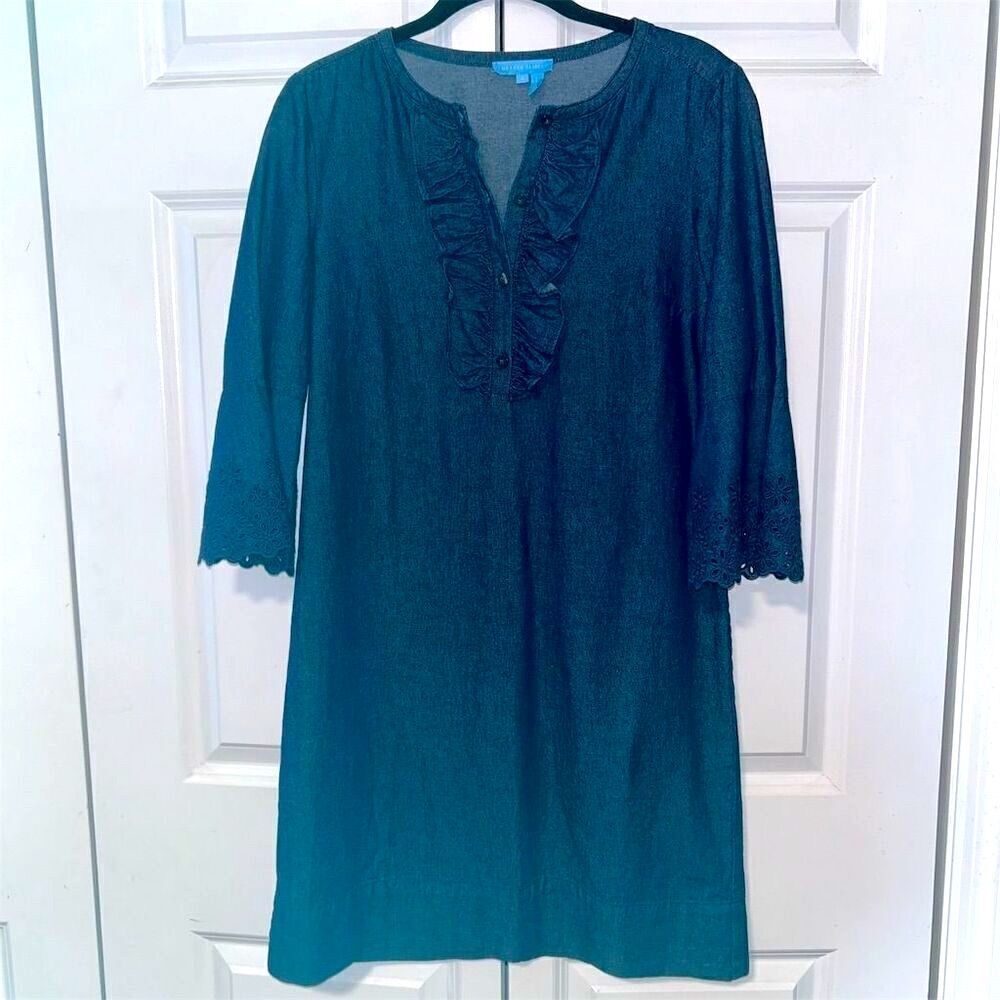 Draper James Women's Blue Chambray Ruffle Shift Dress Size 2